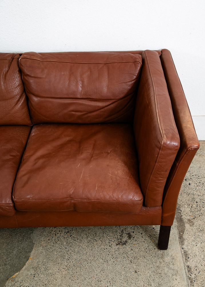Mid Century Danish Modern Sofa Couch 3 Seater Brown Leather Stouby Seat Denmark - Image 10