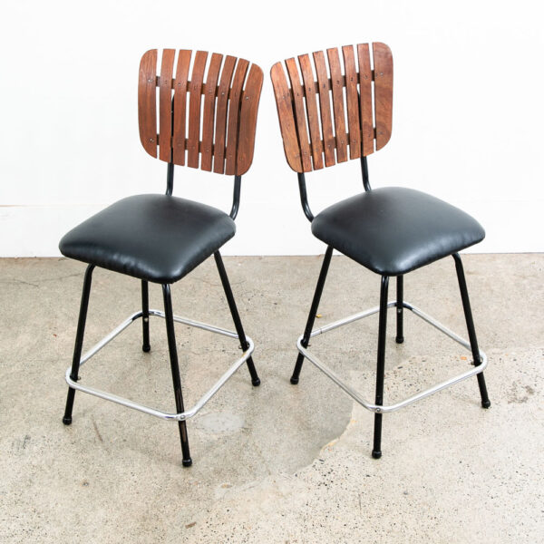 Mid Century Modern Bar Stools Set 2 Black Swivel Wood American Vintage Umanoff - Image 12