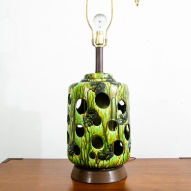 Mid Century Modern Table Lamp Ceramic Lava Drip Glaze Studio Round Green Mcm