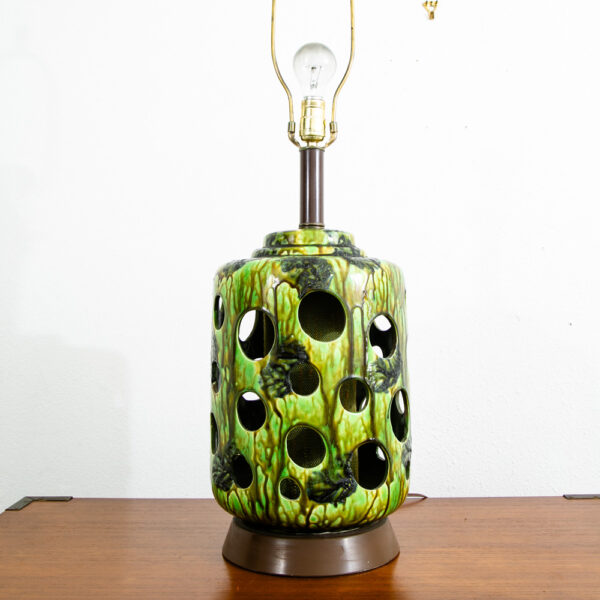 Mid Century Modern Table Lamp Ceramic Lava Drip Glaze Studio Round Green Mcm
