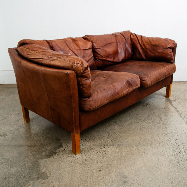 Mid Century Danish Modern Sofa Settee 2 Seater Red Cognac Leather Denmark - Image 7