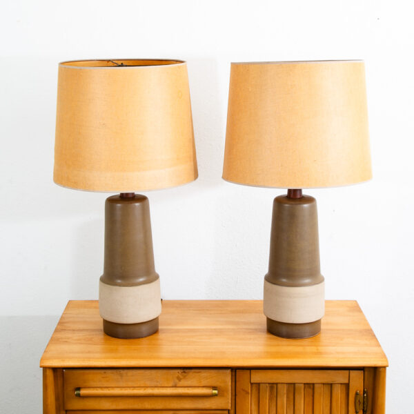 Mid Century Modern Table Lamp Set Pair Martz Marshall Studios Brown Tan Ceramic - Image 12