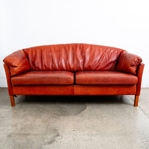 Mid Century Danish Modern Sofa Couch Rust Red Leather 3 Seat Denmark Mcm - Image 2
