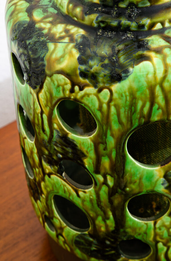 Mid Century Modern Table Lamp Ceramic Lava Drip Glaze Studio Round Green Mcm - Image 10