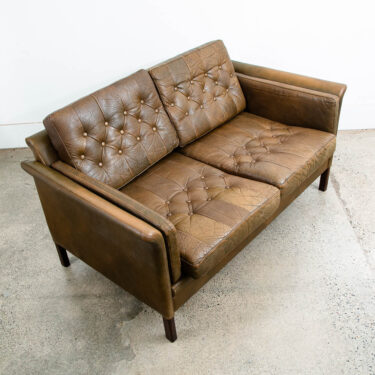 Mid Century Danish Modern Sofa Settee Brown Leather Green 1970s 2 Seat Tufted