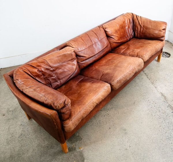 Mid Century Danish Modern Sofa Settee 3 Seater Red Cognac Leather Denmark Mcm
