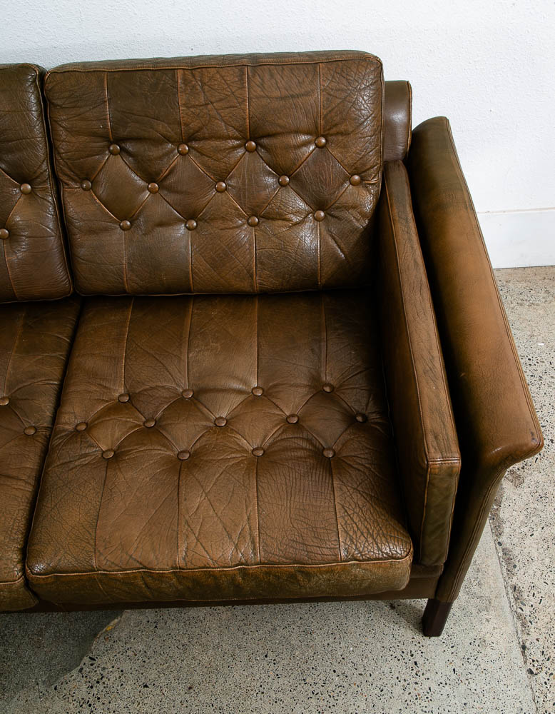Mid Century Danish Modern Sofa Settee Brown Leather Green 1970s 2 Seat Tufted - Image 10