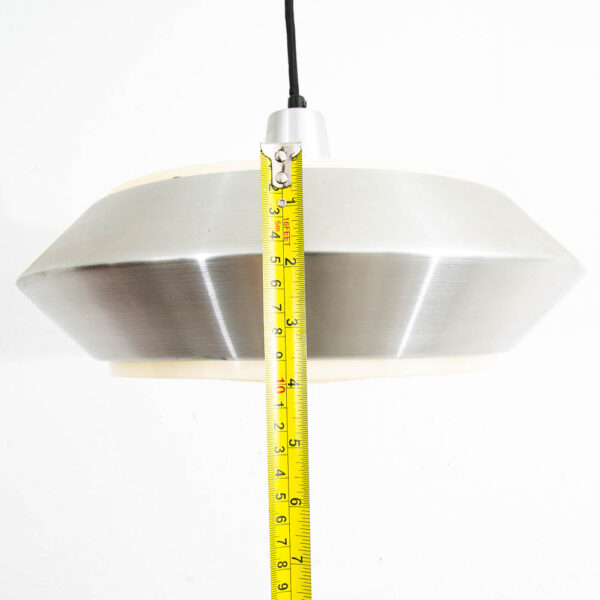 Mid Century Danish Modern Pendant Silver Single Light Saucer Lamp With Plastic Grate - Image 12