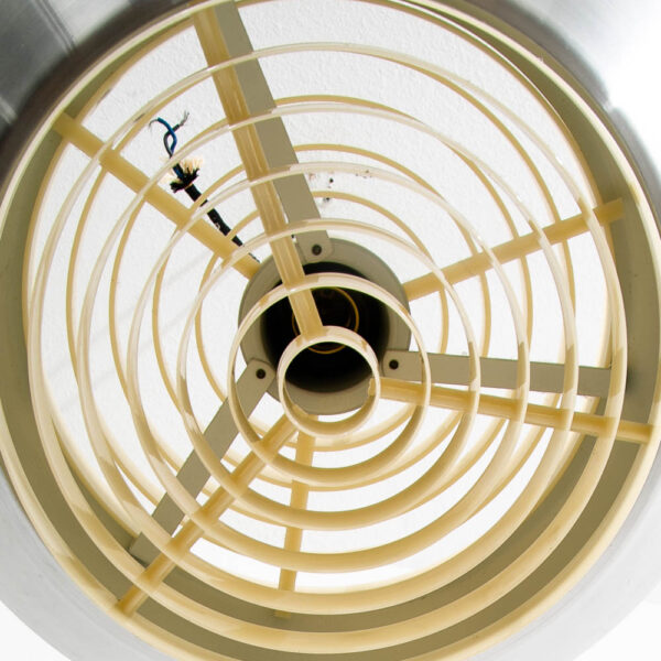 Mid Century Danish Modern Pendant Silver Single Light Saucer Lamp With Plastic Grate - Image 4