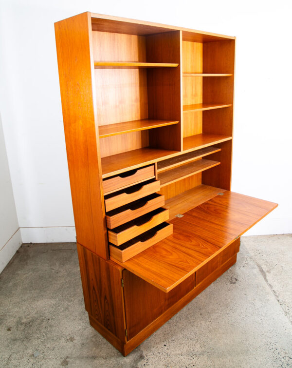 Mid Century Danish Modern Bookshelf Cabinet Teak Drawers Poul Hundevad Drop Leaf