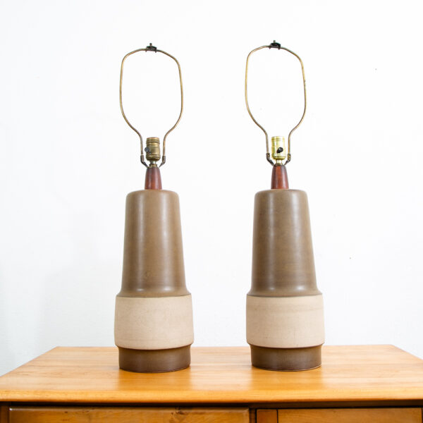 Mid Century Modern Table Lamp Set Pair Martz Marshall Studios Brown Tan Ceramic - Image 2