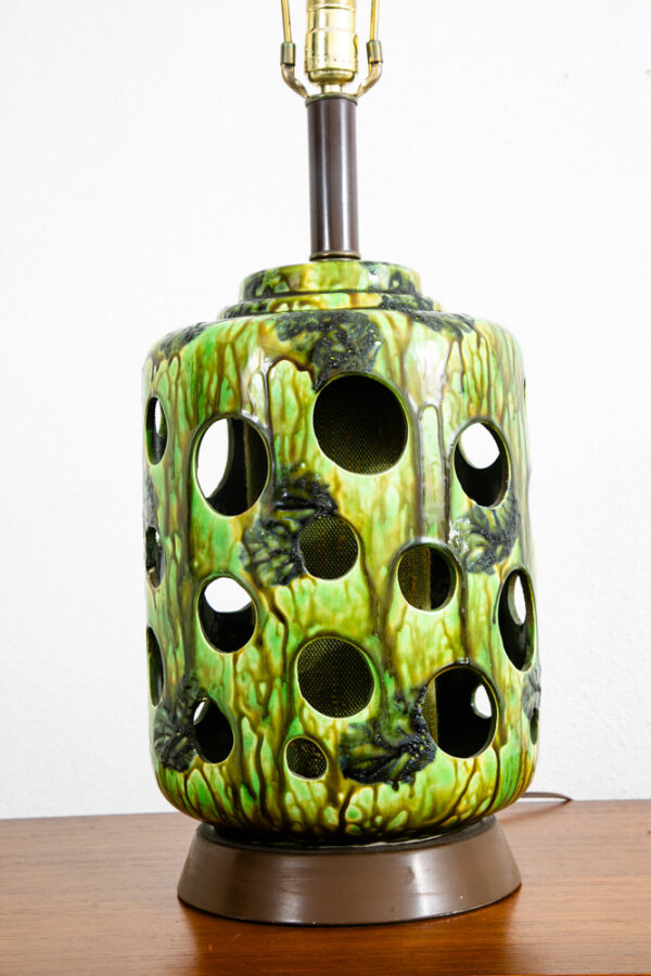Mid Century Modern Table Lamp Ceramic Lava Drip Glaze Studio Round Green Mcm - Image 2