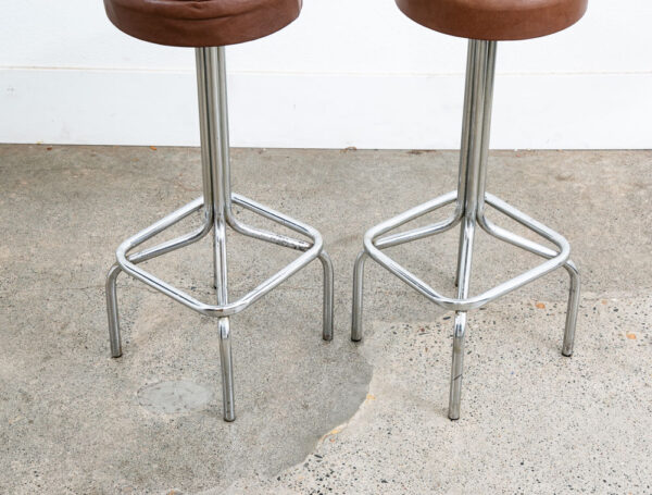 Mid Century Modern Bar Stools Set 4 brown Leather Chrome Vintage Round Four Mcm - Image 7
