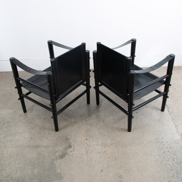 Mid Century Danish Modern lounge Chairs Safari Black Leather Arm Pair Set Two - Image 3
