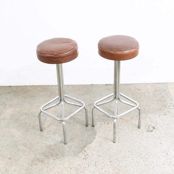 Mid Century Modern Bar Stools Set 4 brown Leather Chrome Vintage Round Four Mcm - Image 5