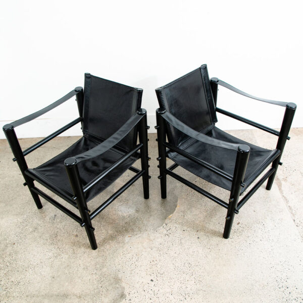 Mid Century Danish Modern lounge Chairs Safari Black Leather Arm Pair Set Two - Image 4
