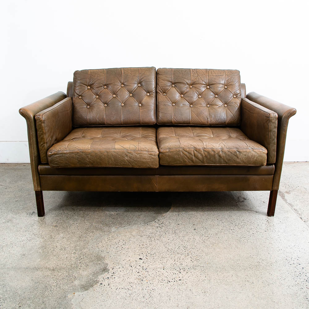 Mid Century Danish Modern Sofa Settee Brown Leather Green 1970s 2 Seat Tufted - Image 2