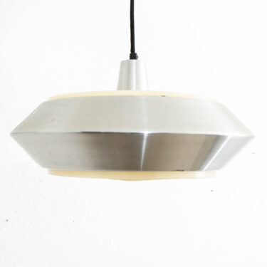 Mid Century Danish Modern Pendant Silver Single Light Saucer Lamp With Plastic Grate
