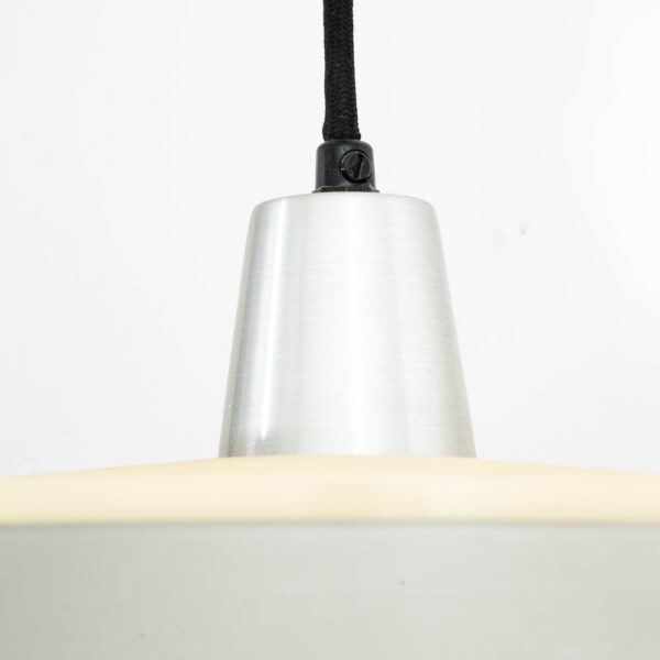 Mid Century Danish Modern Pendant Silver Single Light Saucer Lamp With Plastic Grate - Image 5