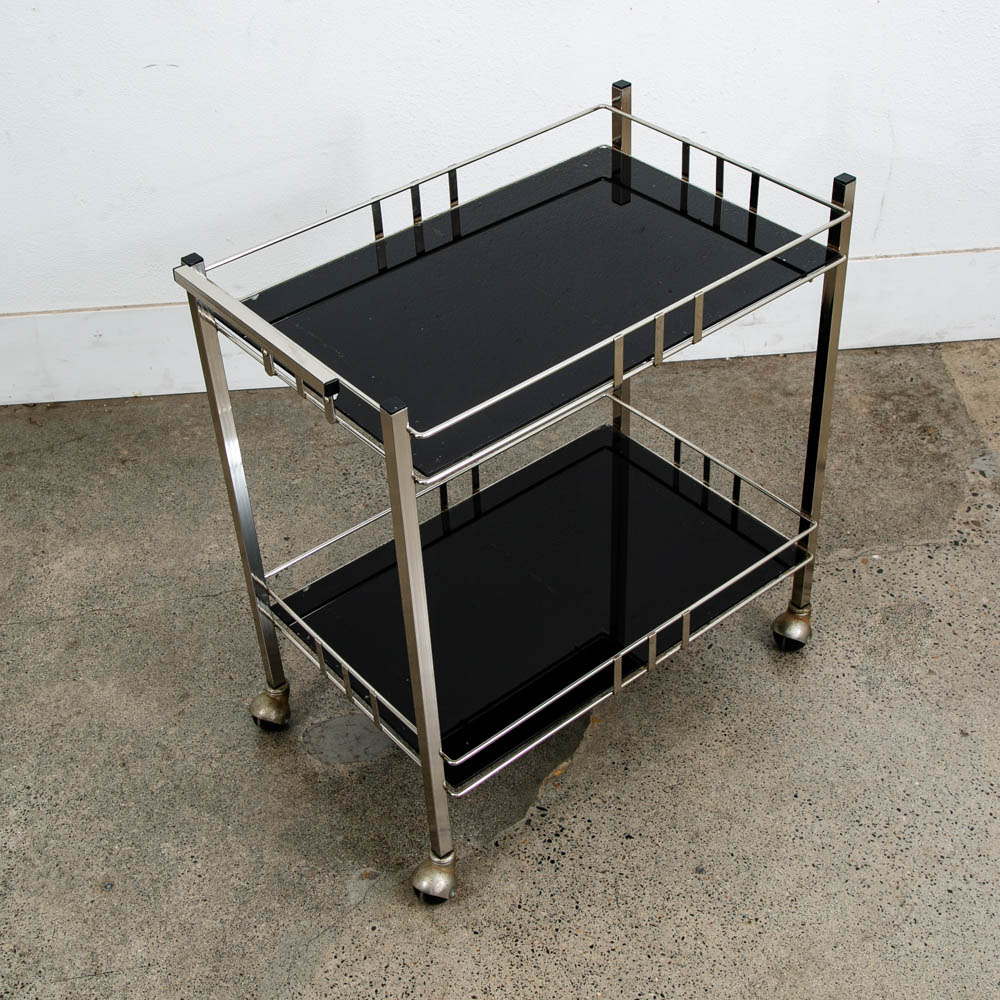 Mid Century Danish Modern Serving Cart Trolley Rolling Bar Glass Chrome Serving - Image 4