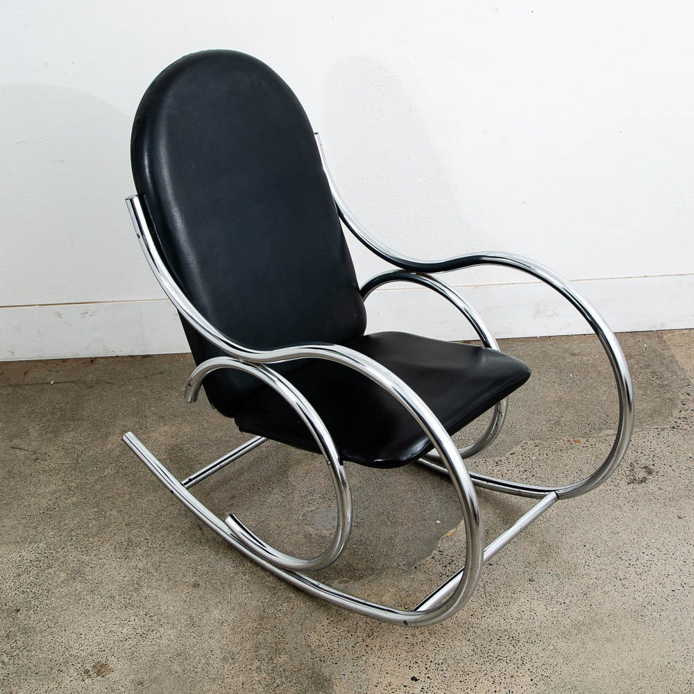 Mid Century Modern Rocking Chair Chrome Rocker Black Metal Silver Vintage 1960s - Image 2