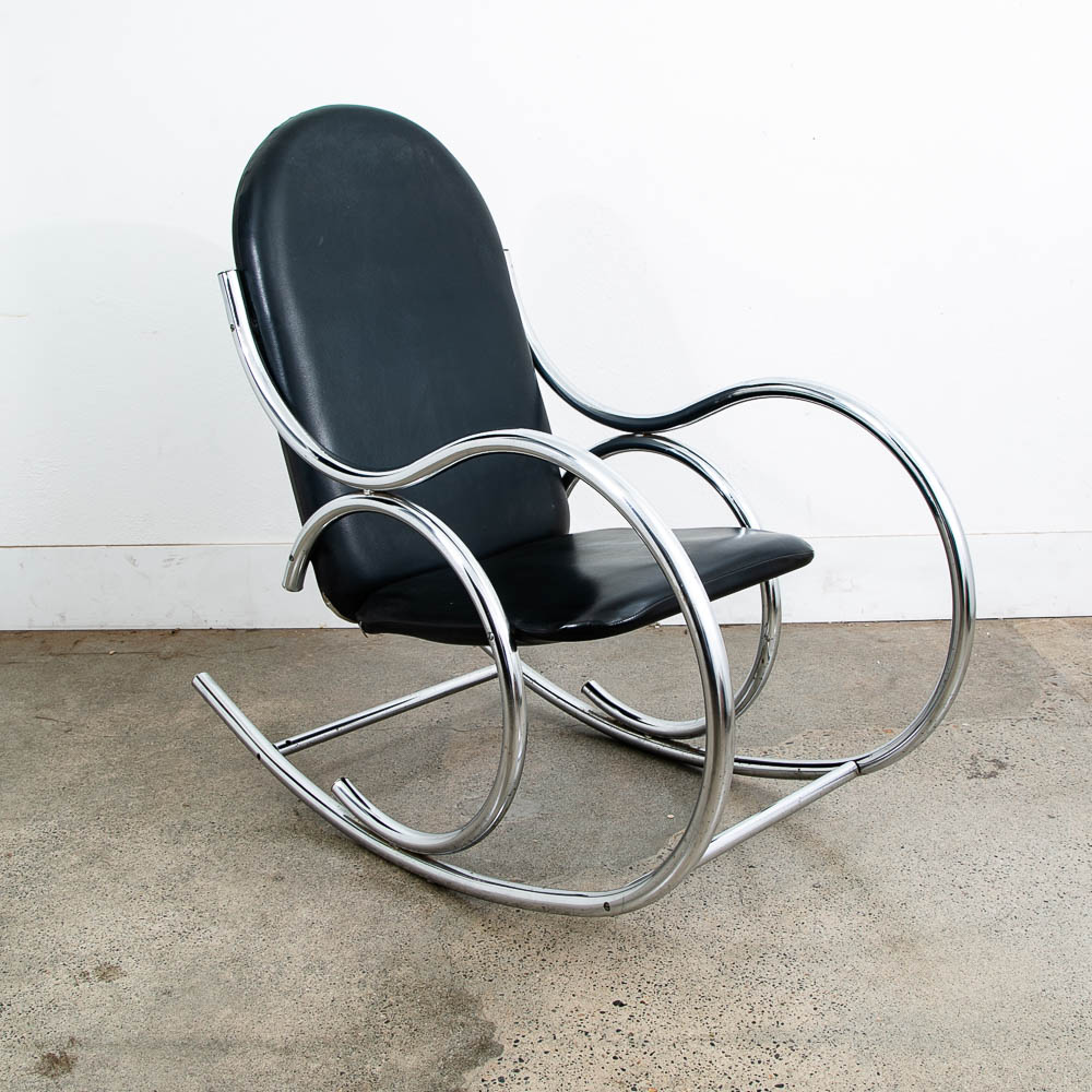 Mid Century Modern Rocking Chair Chrome Rocker Black Metal Silver Vintage 1960s