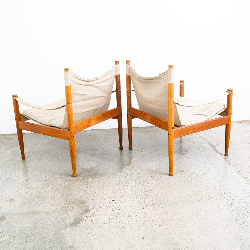 Mid Century Danish Modern lounge Chairs Safari Tan White Oak Arm Pair Set Two - Image 5