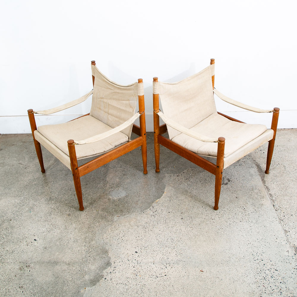 Mid Century Danish Modern lounge Chairs Safari Tan White Oak Arm Pair Set Two - Image 4