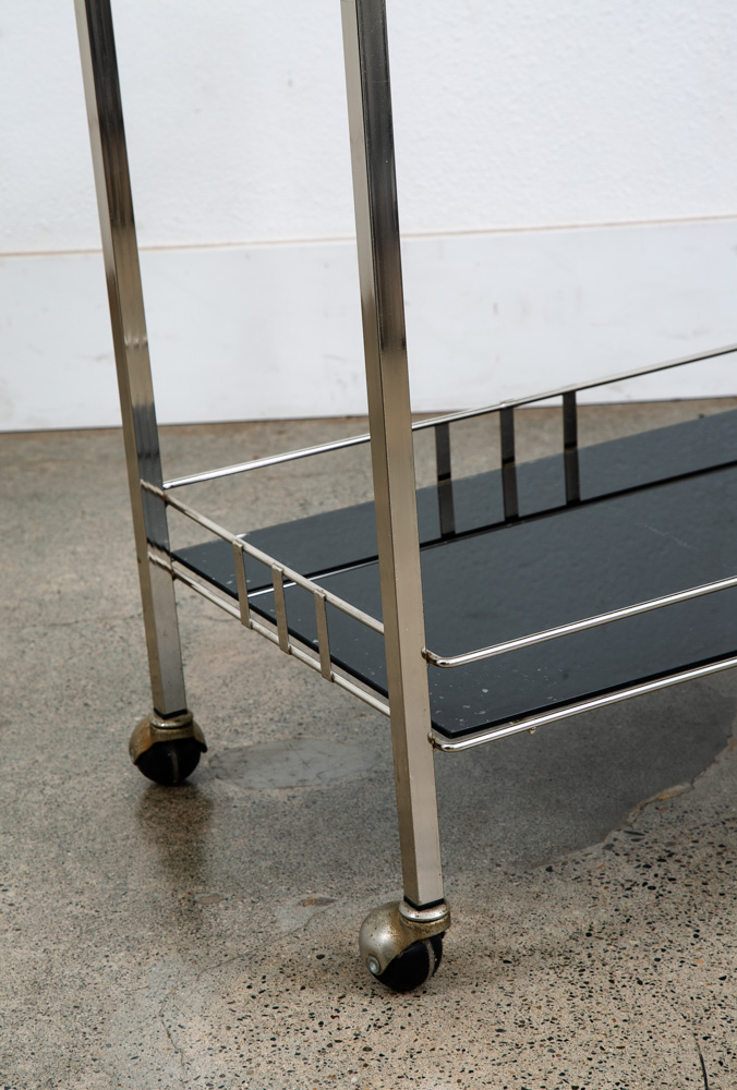 Mid Century Danish Modern Serving Cart Trolley Rolling Bar Glass Chrome Serving - Image 10