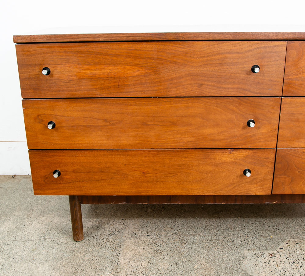 Mid Century Modern Credenza Dresser 6 Drawer Stanley Walnut Mcm Metal Handles - Image 5