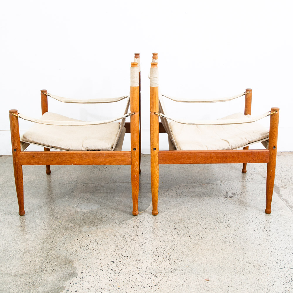 Mid Century Danish Modern lounge Chairs Safari Tan White Oak Arm Pair Set Two - Image 2