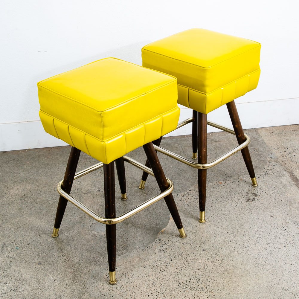 Mid Century Modern Bar Stools Set 2 Yellow Square Vintage Brass Wood 1970s 32" - Image 6