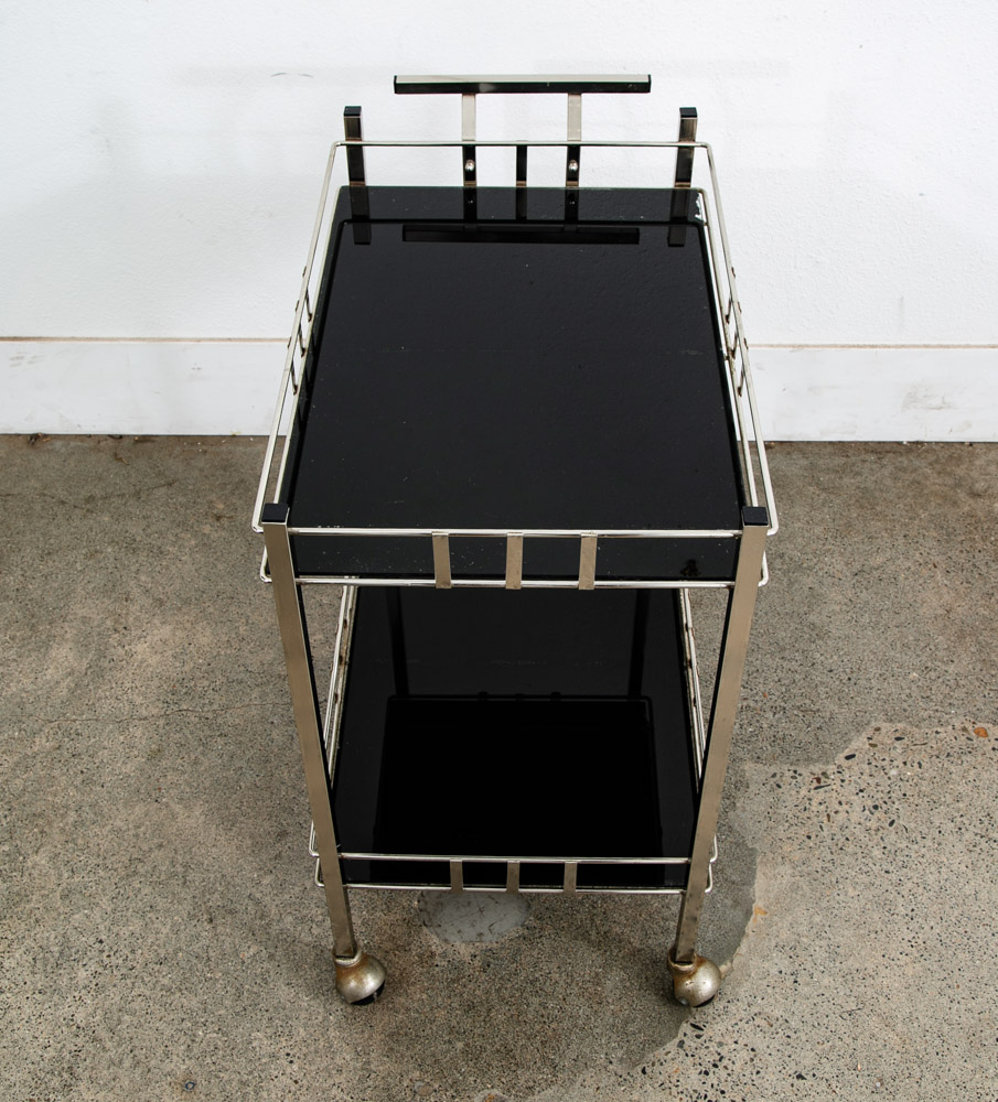 Mid Century Danish Modern Serving Cart Trolley Rolling Bar Glass Chrome Serving - Image 3