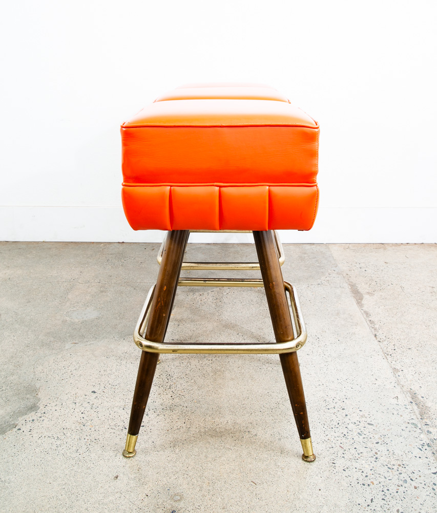 Mid Century Modern Bar Stools Set 3 Orange Square Vintage Brass Wood1970s 32" 3 - Image 4