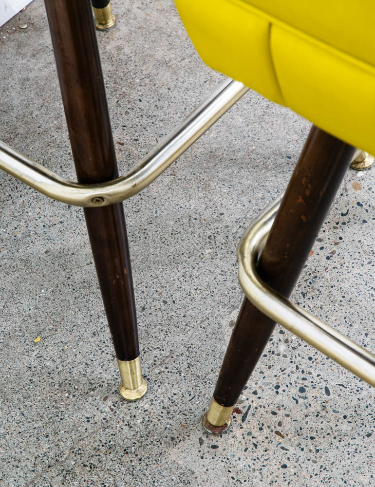 Mid Century Modern Bar Stools Set 2 Yellow Square Vintage Brass Wood 1970s 32" - Image 5