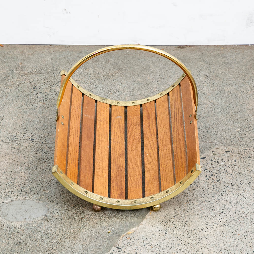 Mid Century Modern Magazine Rack Log Holder Modernist Oak Brass Vintage Handle - Image 7