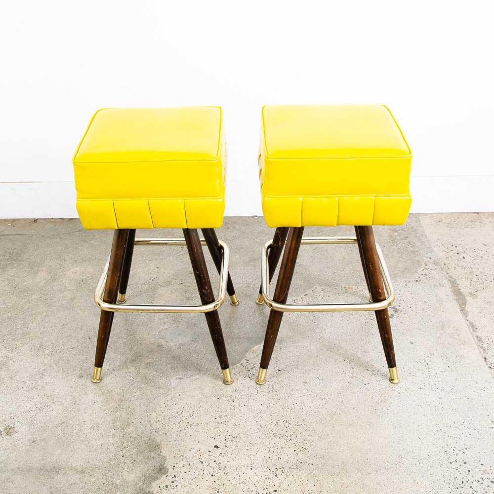 Mid Century Modern Bar Stools Set 2 Yellow Square Vintage Brass Wood 1970s 32" - Image 7