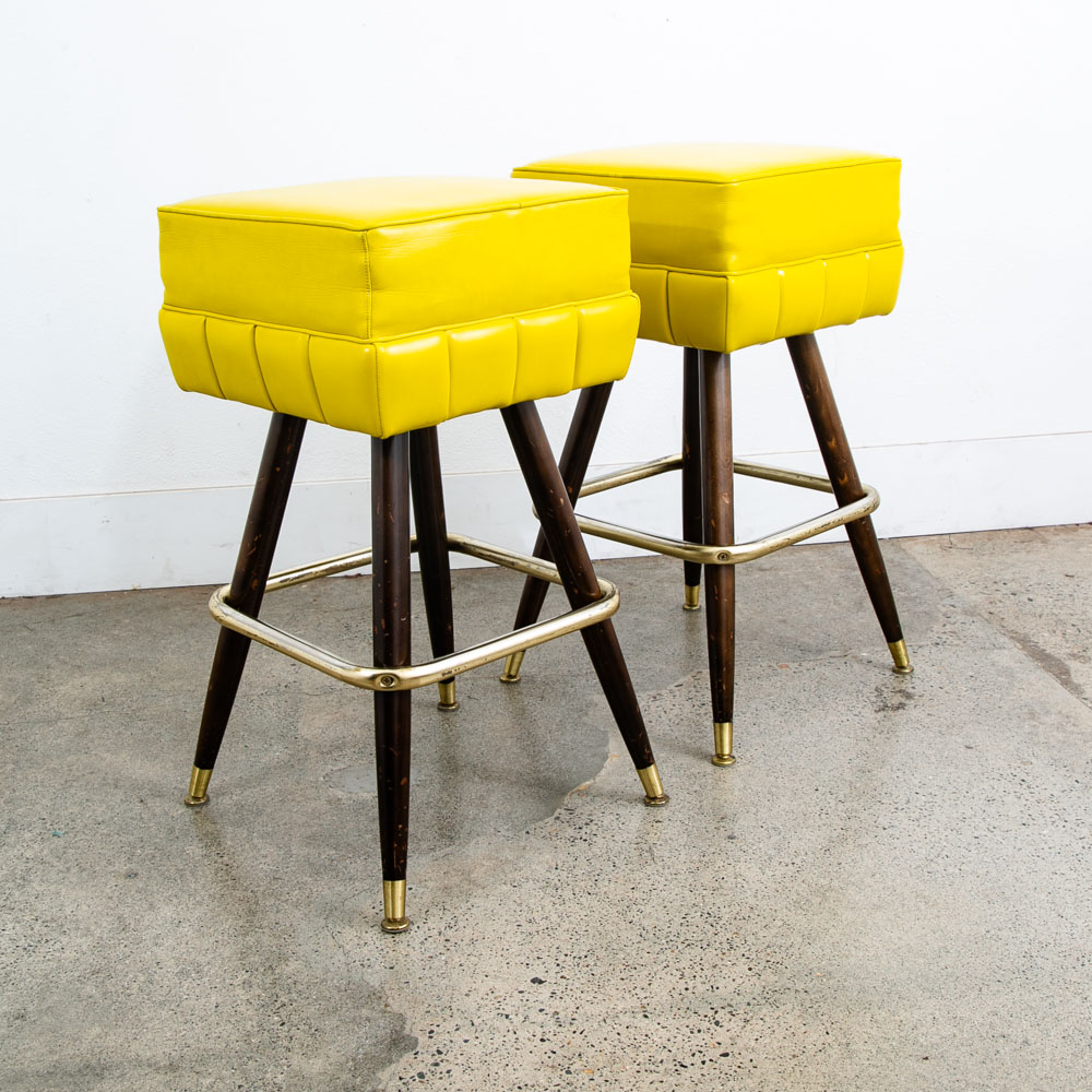 Mid Century Modern Bar Stools Set 2 Yellow Square Vintage Brass Wood 1970s 32"