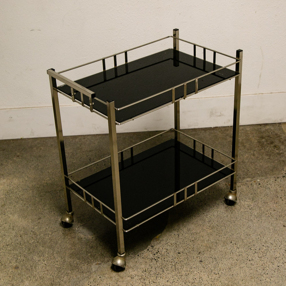 Mid Century Danish Modern Serving Cart Trolley Rolling Bar Glass Chrome Serving - Image 9