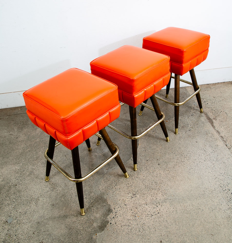 Mid Century Modern Bar Stools Set 3 Orange Square Vintage Brass Wood1970s 32" 3 - Image 2
