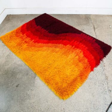 Mid Century Modern Shag Rug Ege Rya Abstract Orange Red Wool 82"x56" Area Black