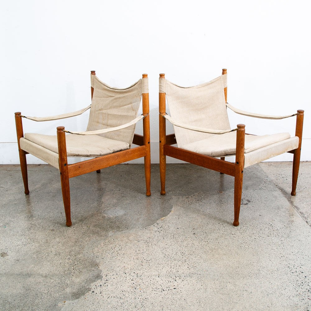 Mid Century Danish Modern lounge Chairs Safari Tan White Oak Arm Pair Set Two
