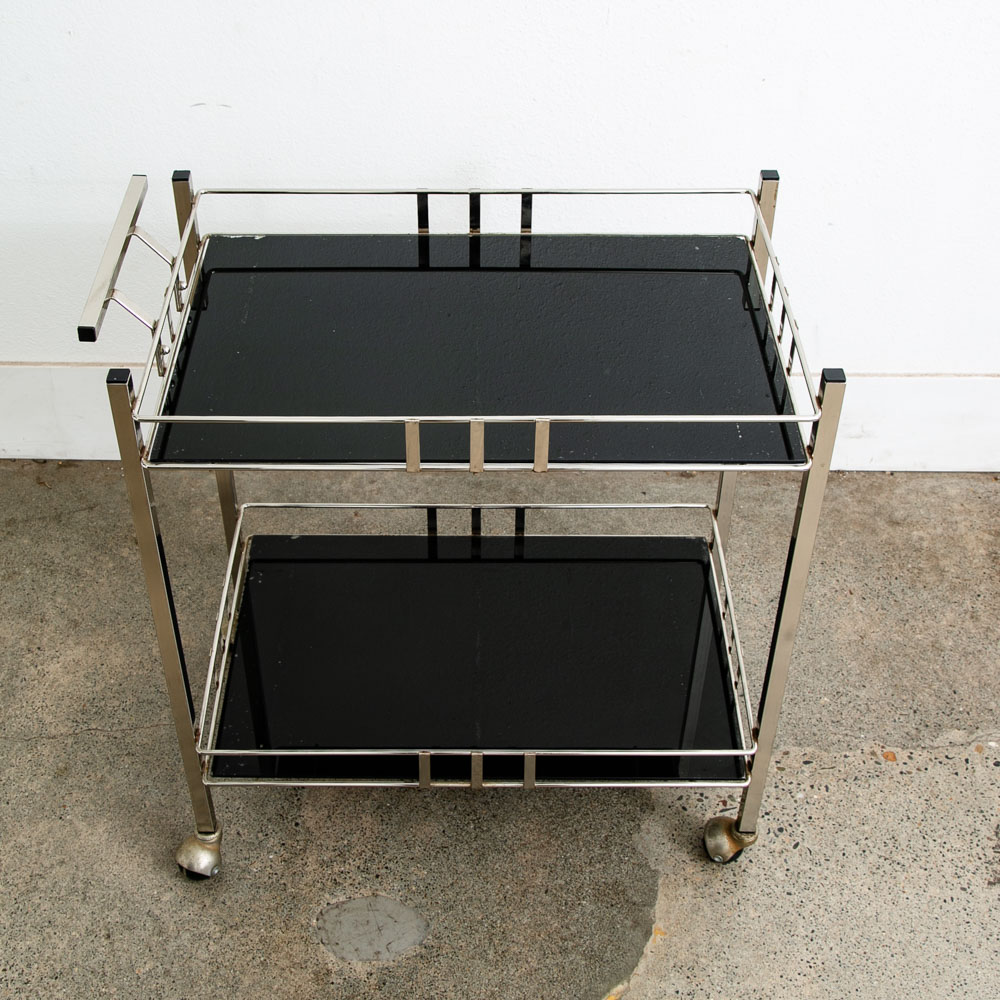 Mid Century Danish Modern Serving Cart Trolley Rolling Bar Glass Chrome Serving - Image 5