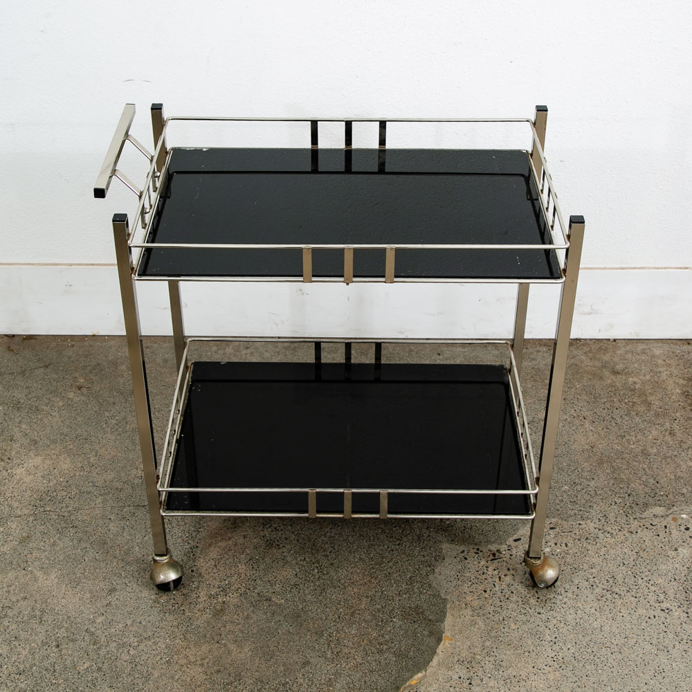 Mid Century Danish Modern Serving Cart Trolley Rolling Bar Glass Chrome Serving - Image 2