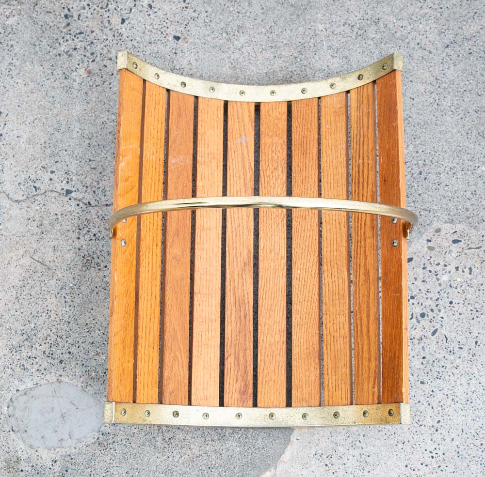 Mid Century Modern Magazine Rack Log Holder Modernist Oak Brass Vintage Handle - Image 4