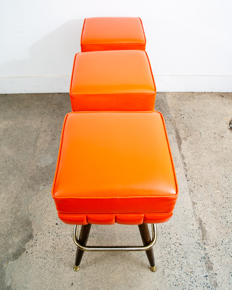 Mid Century Modern Bar Stools Set 3 Orange Square Vintage Brass Wood1970s 32" 3 - Image 10