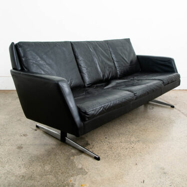 Mid Century Danish Modern Black Leather Sofa Couch 3 Seater Metal Legs Mcm 70"