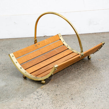 Mid Century Modern Magazine Rack Log Holder Modernist Oak Brass Vintage Handle