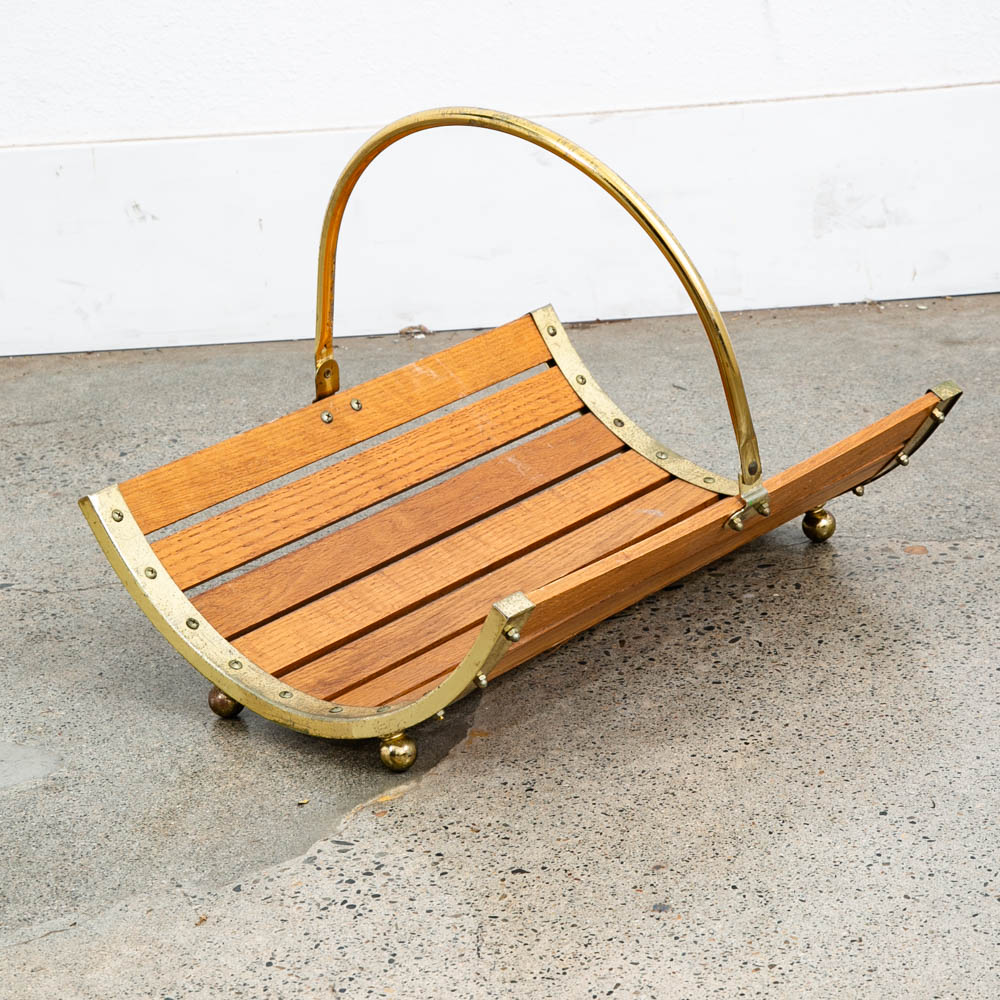 Mid Century Modern Magazine Rack Log Holder Modernist Oak Brass Vintage Handle