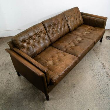 Mid Century Danish Modern Sofa Settee Brown Leather Green 1970s 3 Seat Tufted